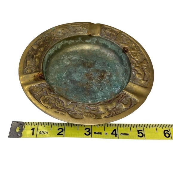 Vintage Brass Ashtray Phoenix Birds 5" Unusual Serpent Animals Deer Korea - Picture 7 of 8